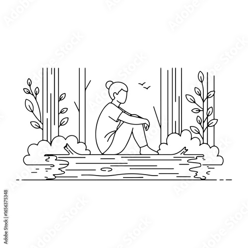 A simple line drawing of a tree sitting on a tree trunk; perfect for t-shirt prints, logos, or graphical elements.