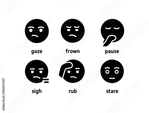 flat black solid icon items isolated on white background feeling (pensive mind): gaze frown pause sigh rub stare