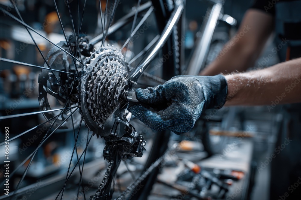 Obraz premium close - up of the male mechanic working in the bicycle repair shop, mechanic repairing bike using a special tool, wearing protective gloves. Bike Maintenance Concept