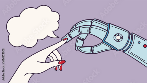 Human and Robot Hands Touching Fingers in a Stylized Illustration.