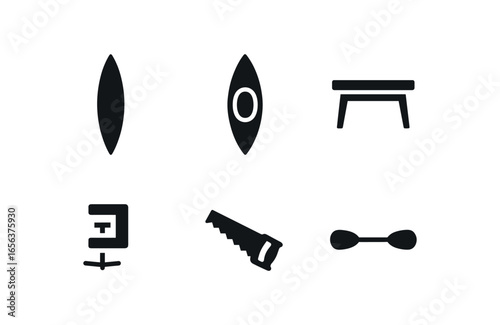 flat black solid icon items isolated on white background shaper (kayak): hull deck mold clamp saw paddle