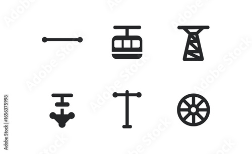flat black solid icon items isolated on white background operator (sky tram): cable tower grip pole wheel