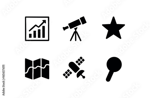 flat black solid icon items isolated on white background scientist (astrophysicist): chart scope map probe lens