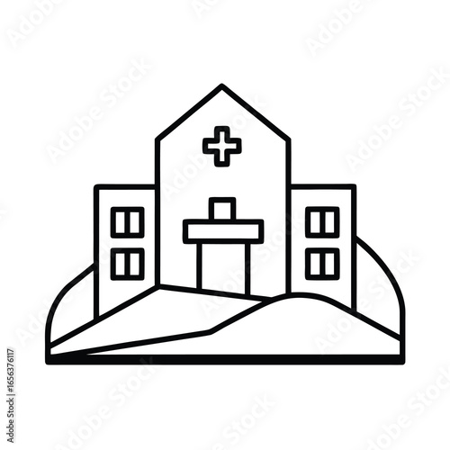 Vector art of simple line art icon of a hospital building with a cross symbol