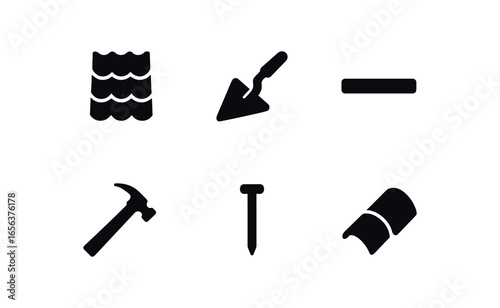 flat black solid icon items isolated on white background worker (roof tiler): tile trowel line hammer nail ridge