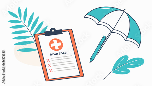 Illustrated Health Insurance Clipboard Umbrella and Pen.