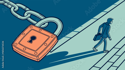 Illustration of a Large Padlock and Chain with a Businessman Walking Away.