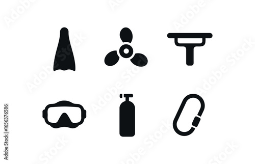 flat black solid icon items isolated on white background vehicle (undersea scooter): fin propeller grip mask tank cable