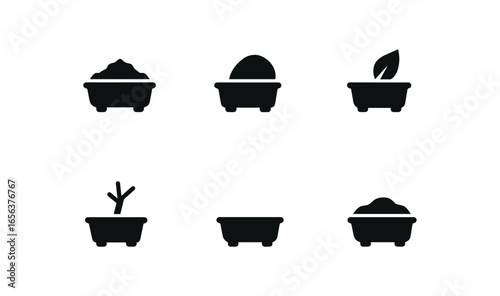 flat black solid icon items isolated on white background planter (bonsai pot): soil stone leaf branch tray moss