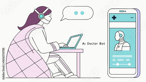 Illustration of AI Doctor Bot with Laptop and Phone.