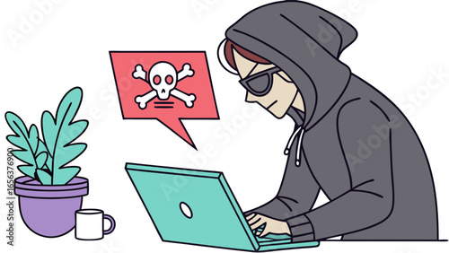 Cartoon Hacker in Hoodie with Laptop and Skull Warning.