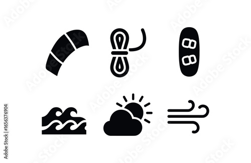 flat black solid icon items isolated on white background sport (kiteboard flight): sail rope board wave sky wind