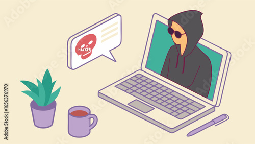 Cartoon Hacker on Laptop with Skull Warning Message.