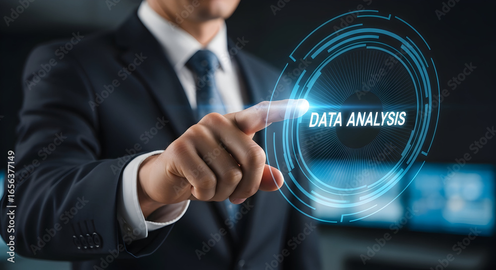 Obraz premium Professional businessman engages with futuristic data analysis interface, driving business insights.