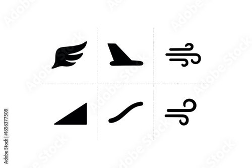 flat black solid icon items isolated on white background motion (soar path): wing tail air slope curve drift
