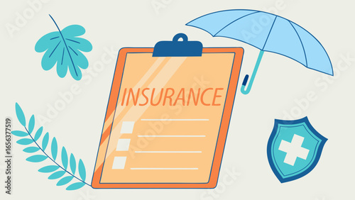 Insurance Checklist Clipboard with Umbrella and Shield.