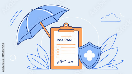 Insurance Concept with Umbrella Clipboard and Shield Illustration.