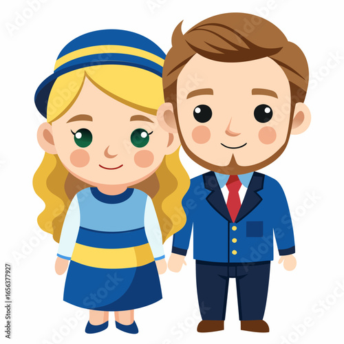 Adorable Cartoon Swedish Couple in Traditional Clothing