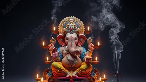 Ornate Ganesha Statue with Incense Smoke and Lit Candles on Dark Background