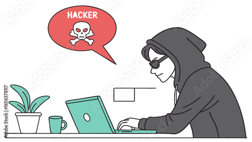 Cartoon Hacker with Laptop and Skull Speech Bubble Illustration.