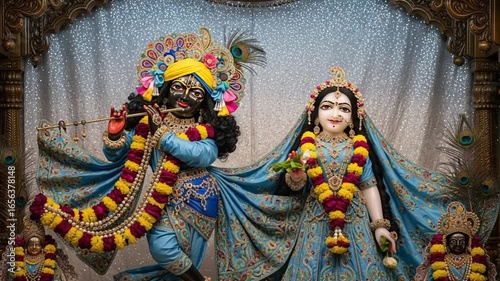 Ornate Hindu Deities Krishna and Radha in Turquoise Clothing with Peacock Feather Decorations and Garland Against a Silver Backdrop