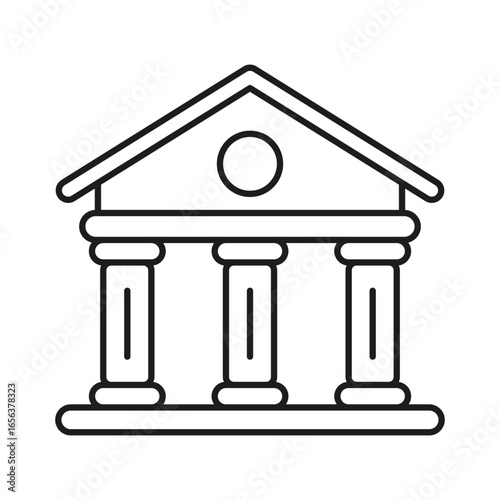 Linear icon of a classical building with columns and pediment, symbolizing bank, court, museum, or government institution.