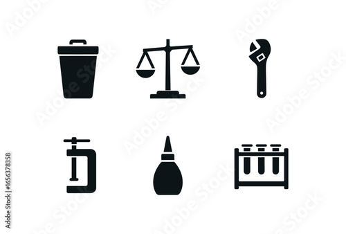 flat black solid icon items isolated on white background lab (scrap material): bin scale tool clamp glue rack
