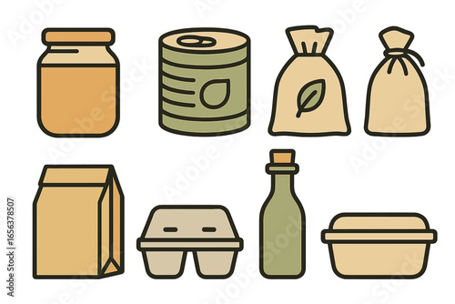 Assorted food packaging and containers icon set