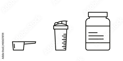 Protein powder set icons: measuring scoop, shaker bottle, and supplement jar. Fitness and nutrition concept illustration.