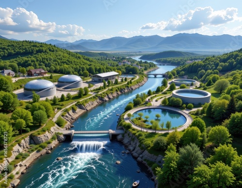 Wallpaper Mural a futuristic eco city where advanced wastewater treatment plants protect rivers from pollution showing harmony between human innovation and nature green landscapes shining under clear skies Torontodigital.ca