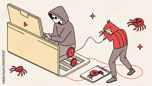 Cartoon Illustration of Cyber Security Breach Concept.