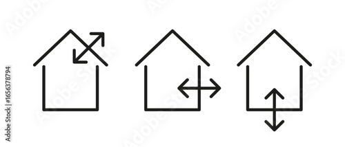House insulation icons set. Vector symbols of thermal, horizontal, and vertical energy flow inside a building. Minimal line style.