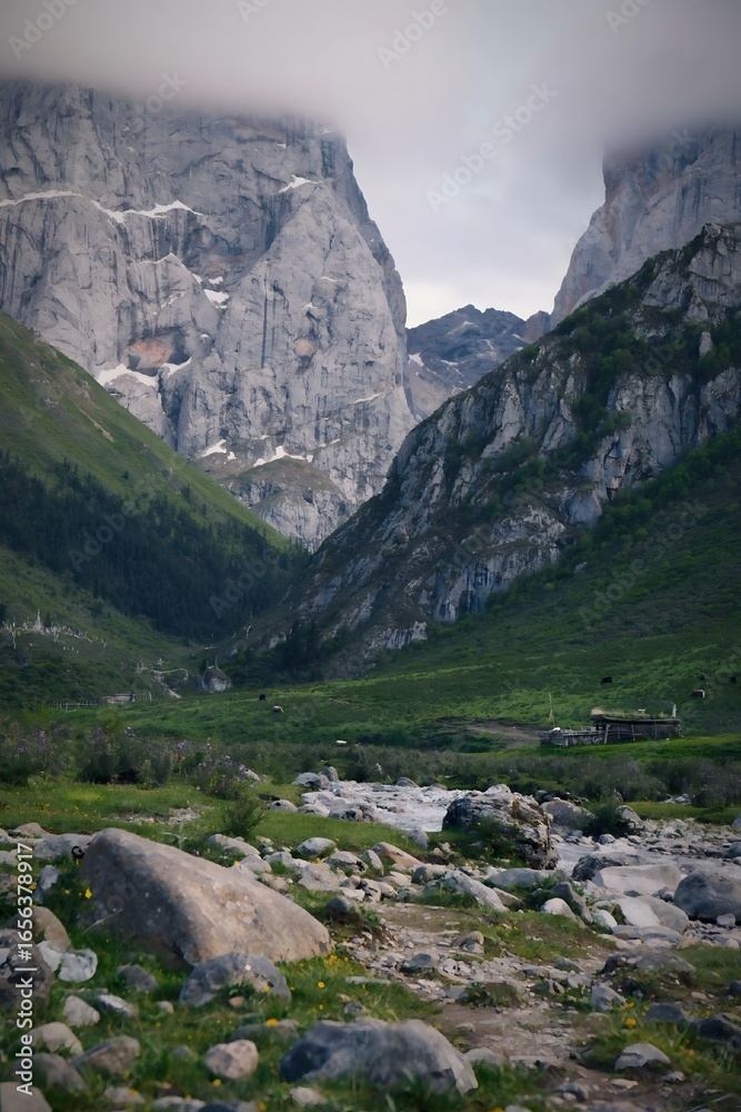 Fototapeta premium Captivating Mountain Valley Vista in Gannan China with Limestone Cliffs and Alpine Stream