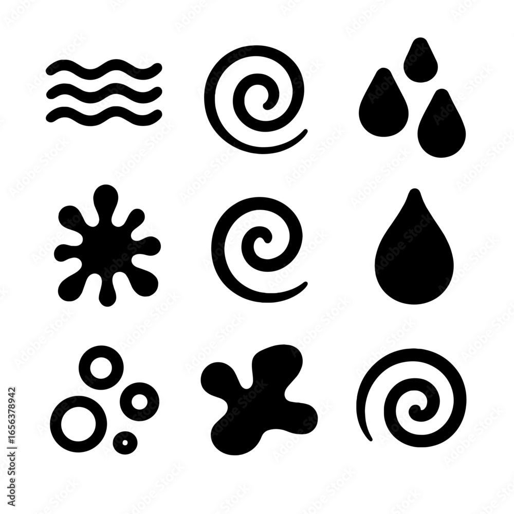 Fototapeta premium Abstract Liquid Patterns. Solid, filled icon set of abstract liquid patterns: waves, spirals, droplets, splatters, curls, drops,
