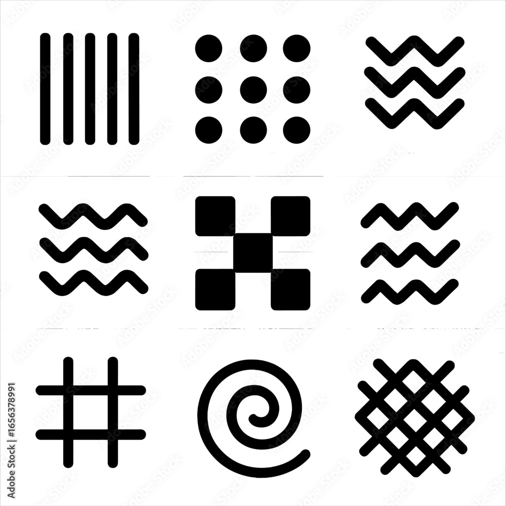 Fototapeta premium Abstract Pattern Grid. Solid, filled icon set of black and white abstract patterns: stripes, polka dots, chevron, checkerboard,