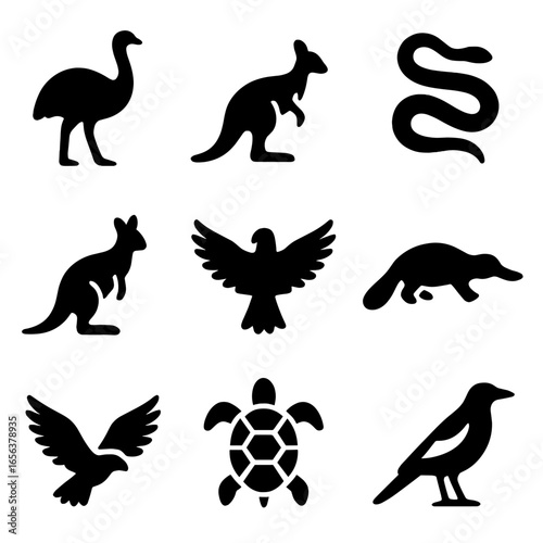 Aboriginal Constellation Icons. Solid, filled icon set of Australian Aboriginal constellations: Emu, Kangaroo, Snake, Wallaby,