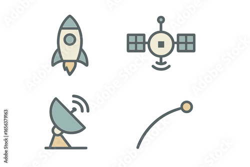 Space exploration icons: rocket, satellite, antenna