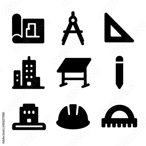 Architectural Icon Set. Solid, filled icon set of architectural composition: blueprint, compass, ruler, building silhouette,