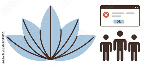 Blue lotus flower with open petals beside error popup and three people silhouettes. Ideal for teamwork, problem-solving, technology challenges, mindfulness, user experience, self-improvement