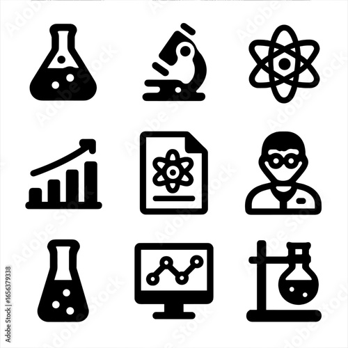 Atomic Research Icons. Solid, filled icon set of atomic research: laboratory flask, microscope, particle detector, data chart,