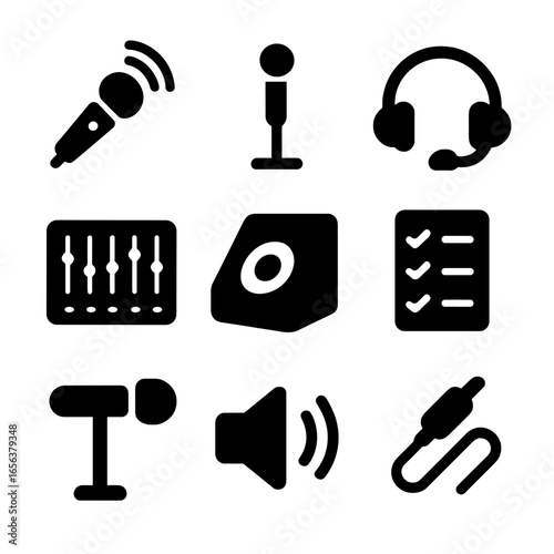 Audio Tech Icons Grid. Solid, filled icon set of sound and audio tech: wireless mic, floor mic, sound mixer, headset, stage