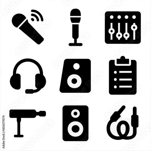 Audio Tech Icons Grid. Solid, filled icon set of sound and audio tech: wireless mic, floor mic, sound mixer, headset, stage