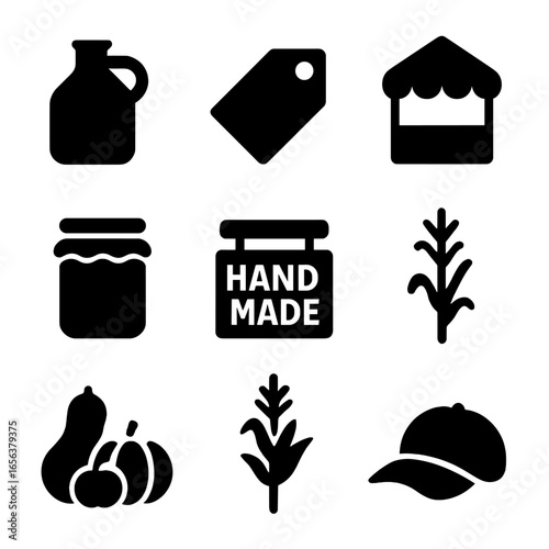 Autumn Market Icons. Solid, filled icon set of autumn farm market: apple cider jug, price tag, tent stall, pumpkin display, jam