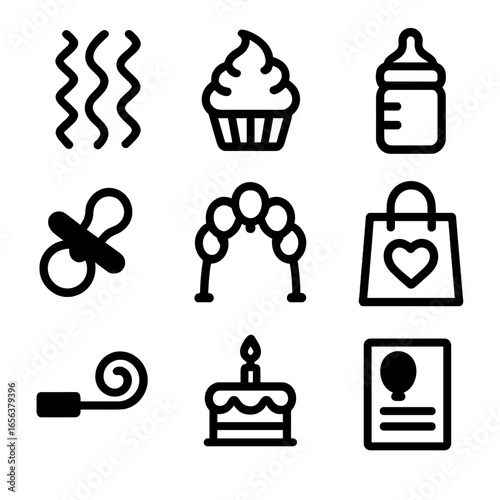 Baby Party Icon Set. Solid, filled icon set of baby party decorations: streamers, cupcake, baby bottle, pacifier, party blower,