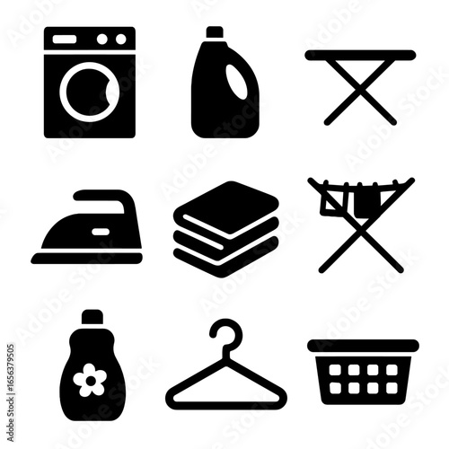 Bedding Care Icon Set. Solid, filled icon set of bedding care: washing machine, detergent, ironing board, clothes iron, folding,
