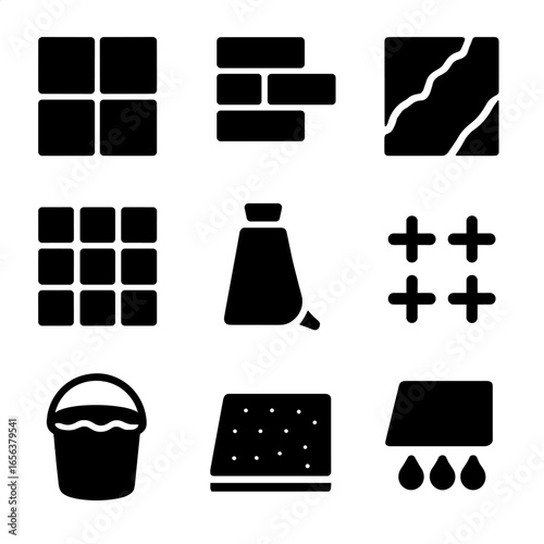 Bathroom Material Icons. Solid, filled icon set of bathroom wall and floor materials: ceramic tile, vinyl plank, marble slab,