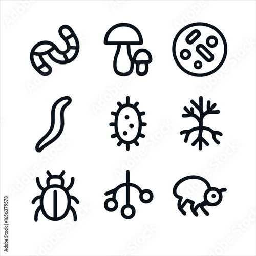 Beneficial Soil Organisms. Solid, filled icon set of beneficial soil organisms: earthworm, fungi, bacteria, nematode, microbe,