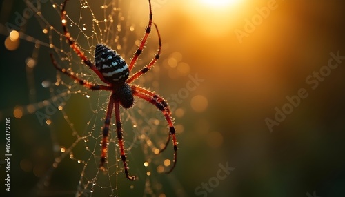 macro photography of dew drops on spiderweb at golden hour, bokeh background, hyperdetailed
