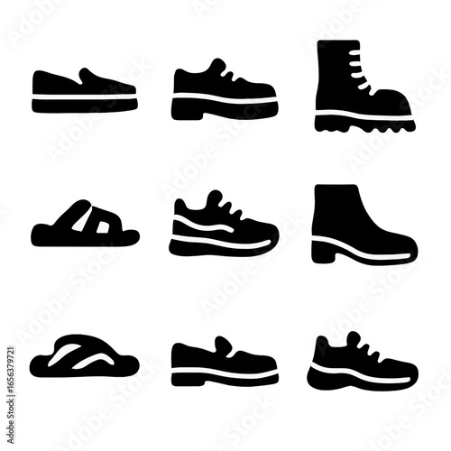 Black Footwear Icons. Solid, filled icon set of footwear for street style: slip-ons, platform shoes, combat boots, sandals,