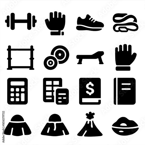 Black Icon Collections. Solid, filled icon set of fitness gear: barbell, lifting gloves, gym shoes, resistance bands, squat rack,
